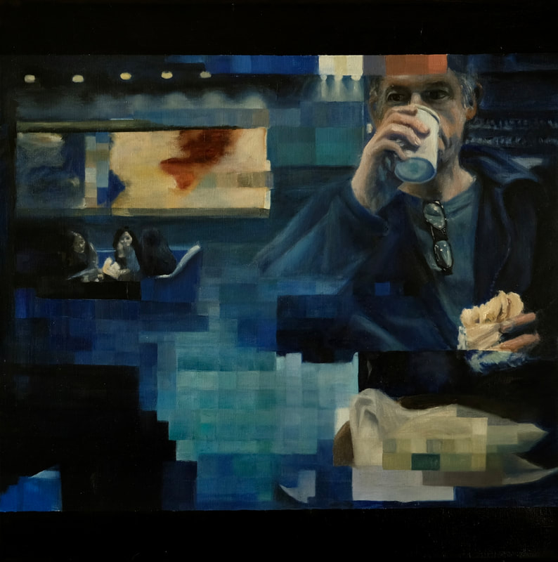 Title of painting is Handheld Webcam Cafe, oil on canvas, 24 X 24 inches by Arlene Buster. A male figure is is drinking coffee at a cafe.