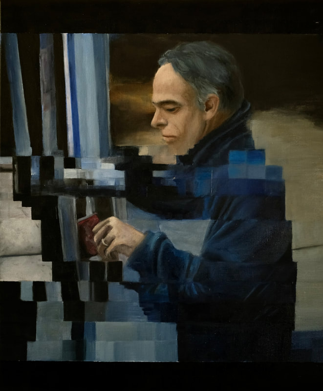 Title of painting is Hidden ATM Cam, 20  X 24, oil on canvas,  By Arlene Buster. A man is standing about to insert is card into an ATM. 
