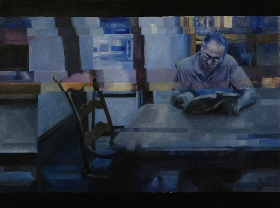 Title of painting is I Hacked Into Your Webcam, oil on canvas, 18 X 24  By Arlene Buster. Male figure is sitting at a table reading a book. 
