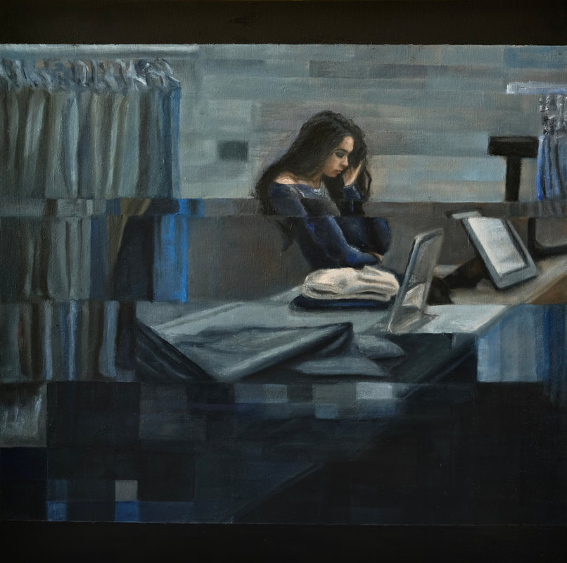 Title of painting is Mall Surveillance, oil on canvas, 24 X 24,  By Arlene Buster. A woman is behind the store register and is talking on the phone. 