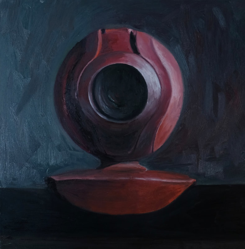 Title of painting is Webcam Still Life, oil on canvas, 24 X 24, By Arlene Buster . A webcam is painted in red. 
